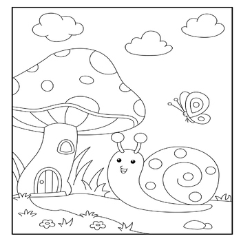 Snail & Mushroom house with butterfly Coloring Page Sheet -Spring ...