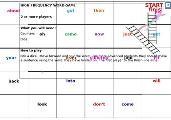 Snakes and ladders high frequency word game by Lizzie1982 | TPT