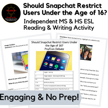 Preview of Snapchat Debate Middle & High School No Prep ESL Sub Activity Packet