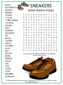 Sneakers Word Search Puzzle | Clothing Shoes | Worksheet Activity ...