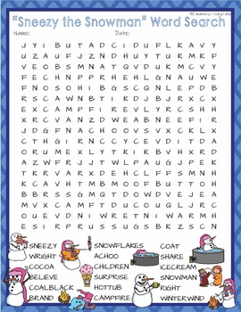 Sneezy the Snowman Activities Wright Crossword Puzzle and Word Searches
