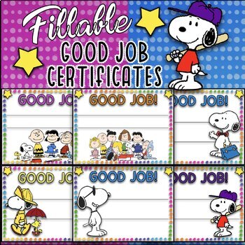 Preview of ✪ SNOOPY Themed EDITABLE Good Job certificates ✪