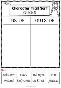 english 9 to k 12 grade Character Wall Snow White Cards Word & by Trait Activities