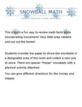 Preview of Snowball Math- addition, subtraction, money, and shapes