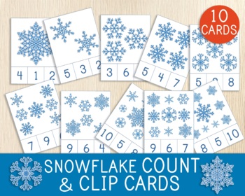 Preview of Snowflake Count & Clip Cards, Numbers 1-10, Counting Cards, Winter, Montessori