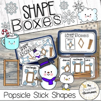 Preview of Snowflake Shapes Popsicle Stick | Math Center | Preschool | Winter Shape Boxes