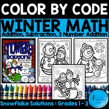 Preview of Winter Math Activity Color By Number Code Addition Subtraction Snowman Coloring