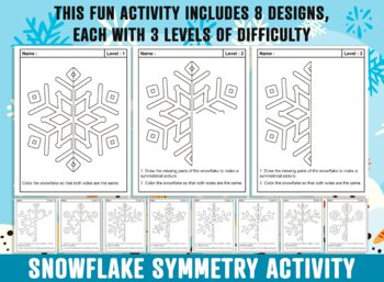 Preview of Snowflake Symmetry Activity, Snowflake Art/Math Symmetry, Winter Art Activity