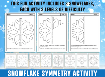 Preview of Snowflake Symmetry Winter Art Activity, 24 Pages, 8 Designs, 3 Difficulty Levels