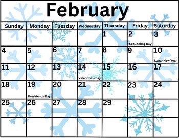 Preview of Snowflake Themed February Calendar