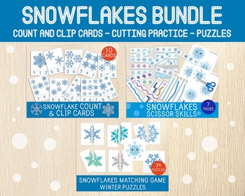 Preview of Snowflakes BUNDLE, Winter Activities, Count & Clip Cards, Cutting, Puzzles
