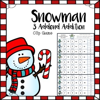 Preview of Snowman 3 Addend Addition Clip Game: A No-Prep Holiday Center