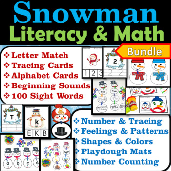 Preview of Snowman Activities | Snowman Literacy & Math Centers Task Cards