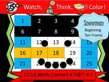 Preview of Snowman Beginning Ten Frames - Watch, Think, Color! CCSS.K.NBT.A.1
