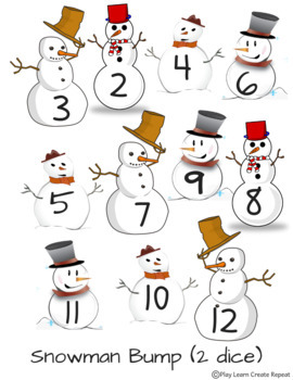 Preview of Snowman Bump Game, Math Center (2 dice)