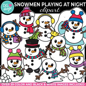 Snowman Clipart Bundle | Snowmen Playing at Night Clipart | Winter Clipart