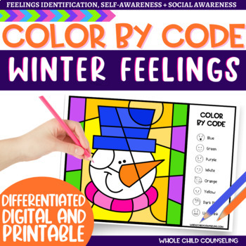 Preview of Snowman Emotions Color by Code Winter Naming Feelings Digital and Print Activity