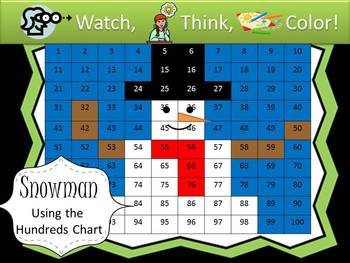 Preview of Snowman Hundreds Chart Fun - Watch, Think, Color Game