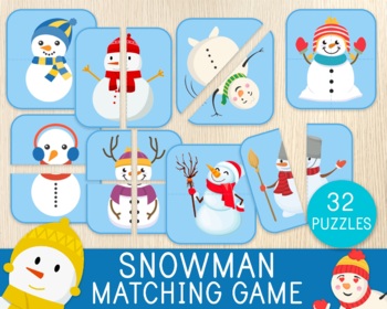 Preview of Snowman Matching Games, 32 Puzzles, Winter Activity, Matching Skills, Busy Bag