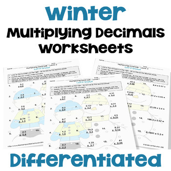 Preview of Winter Math Multiplying Decimals Worksheets - Differentiated