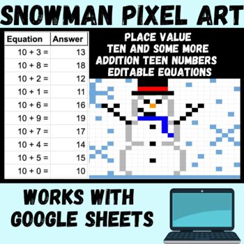 Preview of Snowman Pixel Art Math Editable Equations on Google Sheets Cyber Monday Sale