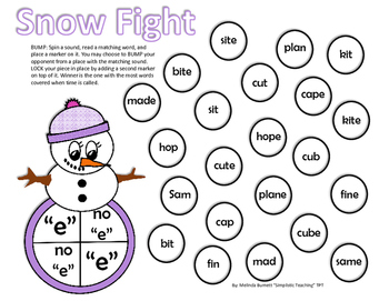 Preview of Snowman Snowball Fight BUMP Long vs Short Vowel CVC CVCe silent e