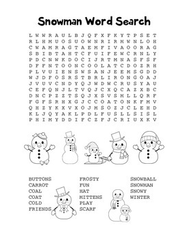 Snowman Word Search Holiday Fun Black Line Version Tpt