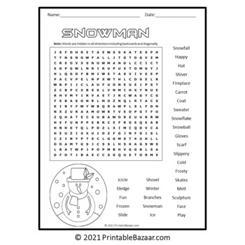 Snowman Word Search Puzzle - No Prep Science Game Printable PDF | TPT