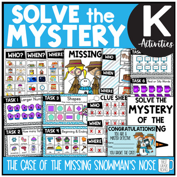 Preview of Snowman's Nose Solve the Mystery Math & ELA Task Card Activity Kindergarten