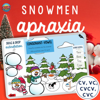 Preview of Snowmen Apraxia Boom Cards™ & Printable Winter Worksheets CVC, CVCV, and More