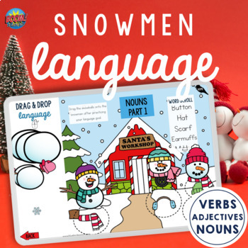 Preview of Snowmen Boom Cards™ & Printable Language Worksheets Verbs, Nouns, Adj., & More