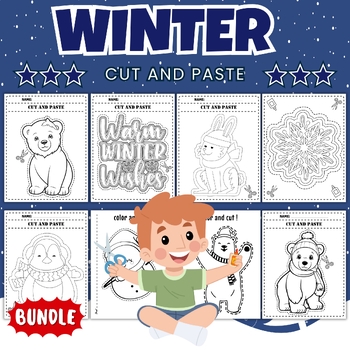 Preview of Snowmen, Snowflakes, Polar Bear And Winter Animals Cut And Paste Coloring Pages