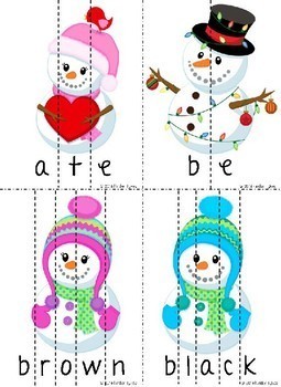 Snowmen Word Puzzles (Primer) by Kinder Tykes | TPT