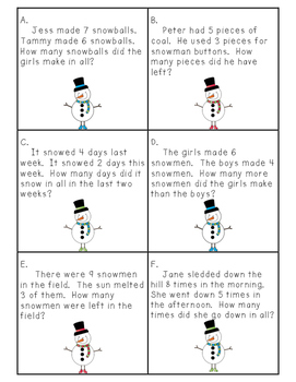 Snowy Day Single-Digit Addition and Subtraction Word Problem Task Cards