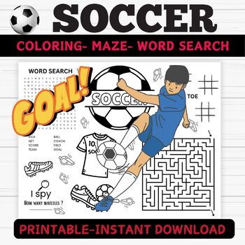 Preview of Soccer Activity Sheet - Soccer Coloring- Maze- Word Search