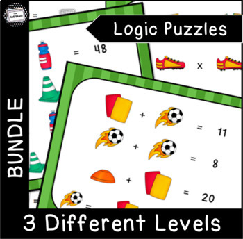 Preview of Soccer Math Logic Puzzle Brain Teaser Enrichment Task Card Activity Bundle