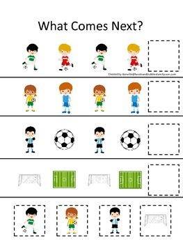 Preview of Soccer Sports themed What Comes Next preschool educational learning game.