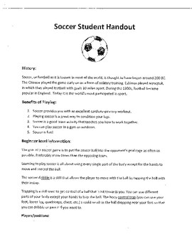 Preview of Soccer Student Handout and Rule sheet