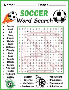 Soccer Word Search Puzzle Worksheet Activities by ELKS ART STUDIO