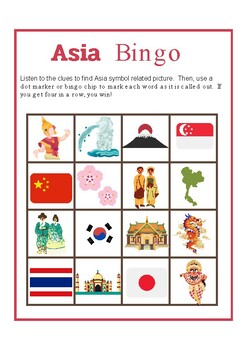 Preview of Social Asia Bingo game  social study learn traditional class room enjoy