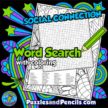 Preview of Social Connection Word Search Puzzle Activity Page with Mindfulness Coloring