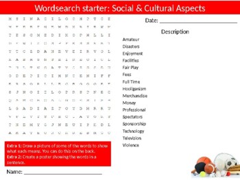 Preview of Social & Cultural Sports Activity Pack Keywords Homework PE Fitness Society