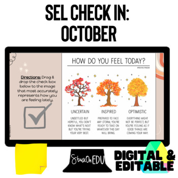 Preview of Social Emotional Learning Check In SEL October Editable Digital Resource