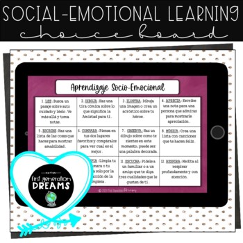 Preview of Social-Emotional Learning Choice Board in English and in Spanish