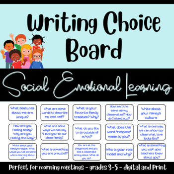 Preview of Social Emotional Learning | Writer's Choice Board