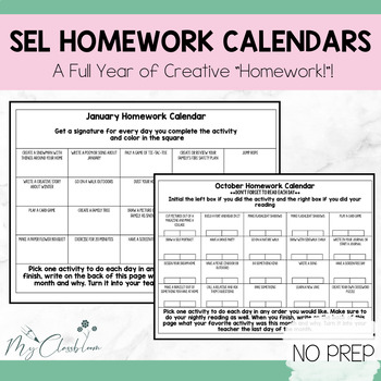 Preview of Social Emotional (SEL)  Homework Calendars Full Year
