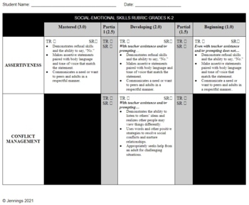 Preview of Social-Emotional Skills Rubric Grades K-2