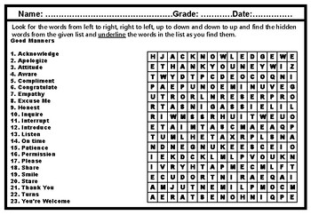 Preview of Social Etiquette Terms Sub Plan, Good Manners Word Search Worksheet