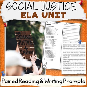 Preview of Social Justice Day Unit - Bell Ringers, Paired Reading Packet, Writing Prompts