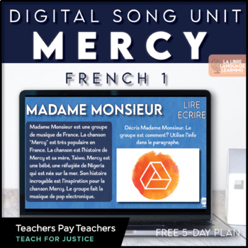 Preview of Social Justice French Refugees Madame Monsieur Song | First Week French 1-2 Plan